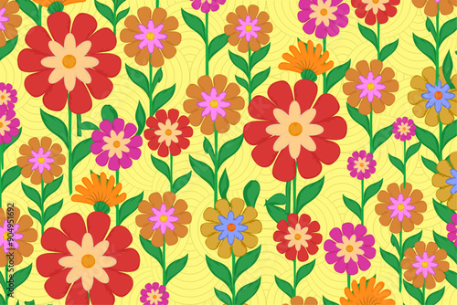 Wallpaper Mural colorful flowers seamless pattern on yellow background, vector floral illustration. Torontodigital.ca