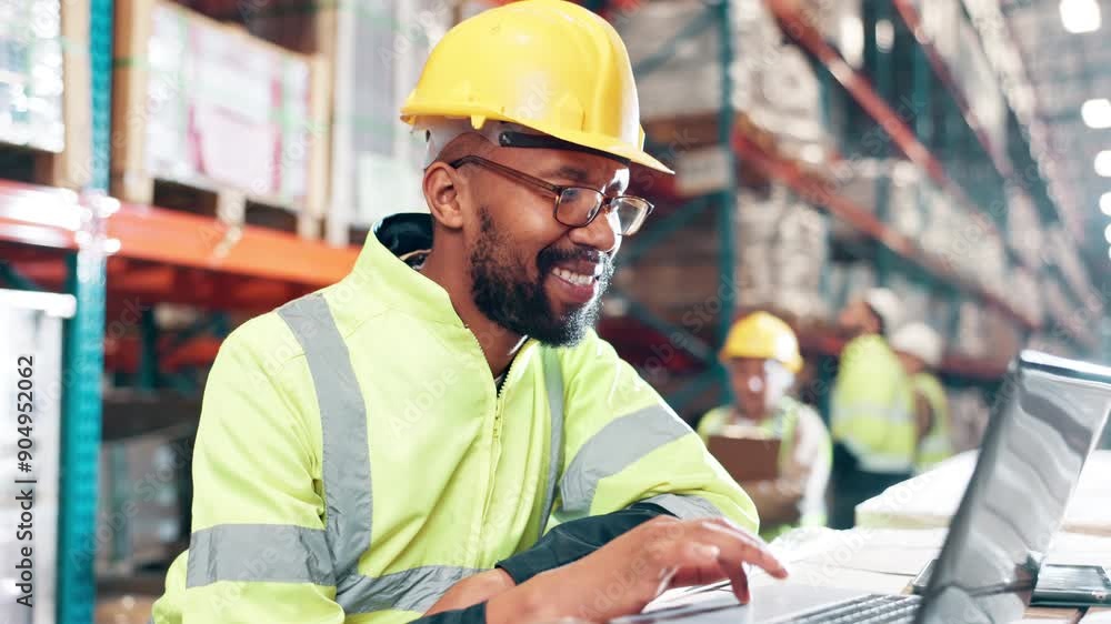 Warehouse, logistic or man with laptop for service, inventory or track transportation for supply chain. Factory, male manager or scroll on digital for stock management, production or working progress Warehouse, logistic or man with laptop for service, inventory or track transportation for supply chain. Factory, male manager or scroll on digital for stock management, production or working progress