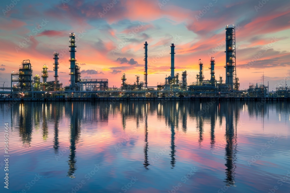 Vibrant twilight petrochemical industrial park reflecting in the colorful sky over the sea Vibrant twilight petrochemical industrial park reflecting in the colorful sky over the sea