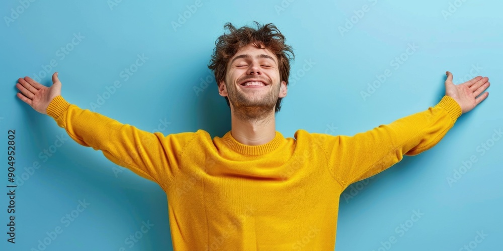 Young man standing against a light blue background with arms outstretched, wearing a yellow sweater and smiling joyfully. Perfect for themes of happiness, positivity, and freedom. Young man standing against a light blue background with arms outstretched, wearing a yellow sweater and smiling joyfully. Perfect for themes of happiness, positivity, and freedom.