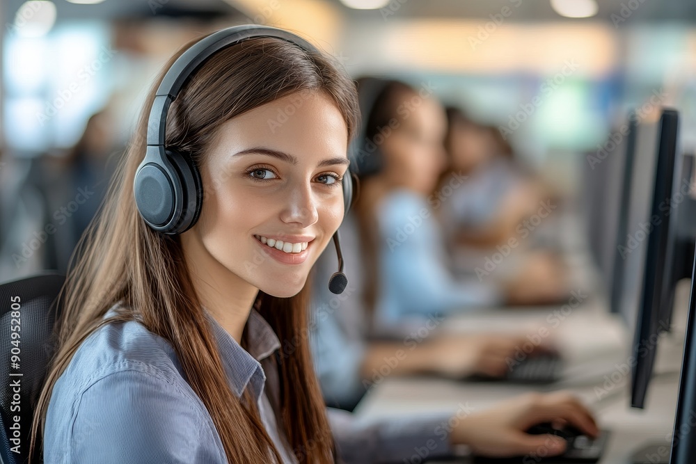 Young Woman Wearing Headphones Smiling In Busy Office Call Center During Work Hours Young Woman Wearing Headphones Smiling In Busy Office Call Center During Work Hours