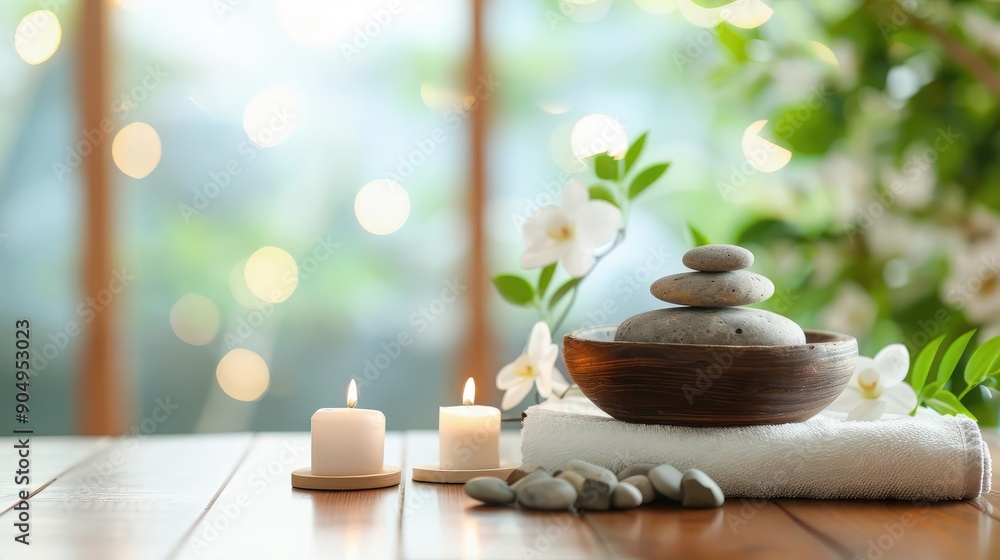 Serene spa with tranquil zen garden and soft, soothing music creating a peaceful atmosphere Serene spa with tranquil zen garden and soft, soothing music creating a peaceful atmosphere