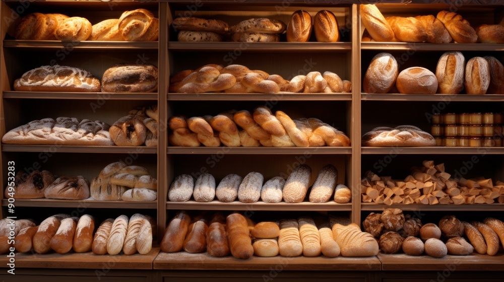 Fresh bread on shelves in a bakery, city market, different types of freshly baked bread. ai generated art image