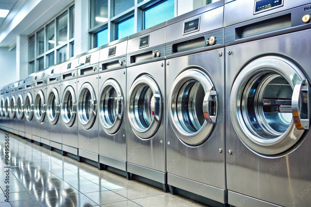 A row of silver washers and dryers are lined up in a laundromat A row of silver washers and dryers are lined up in a laundromat
