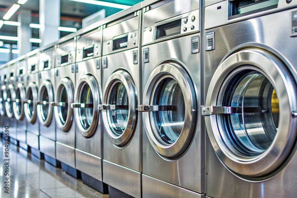 A row of silver washers and dryers are lined up in a laundromat A row of silver washers and dryers are lined up in a laundromat