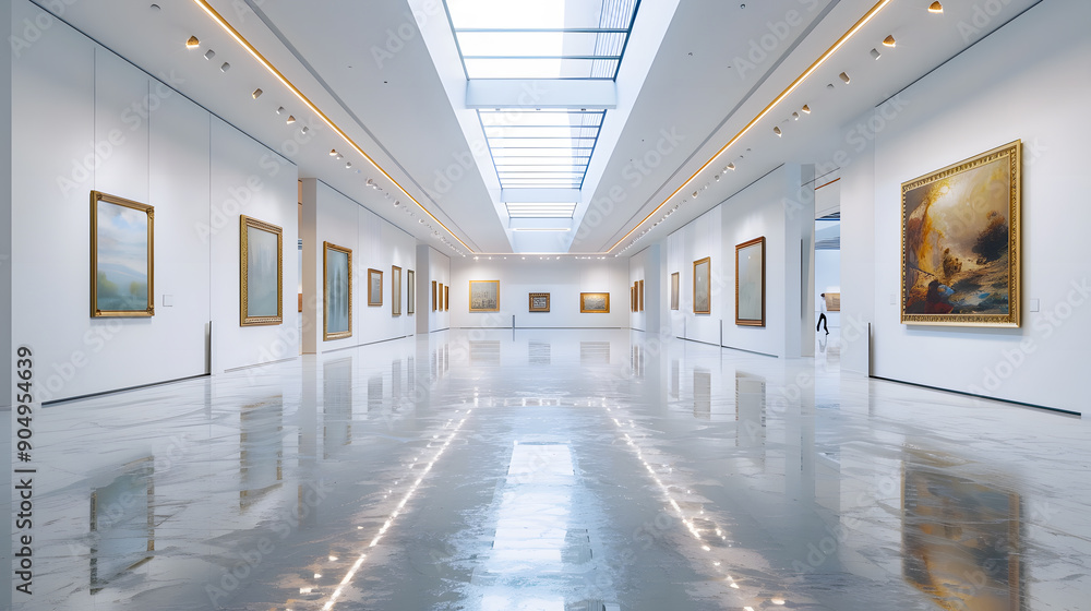 Fototapeta premium An art gallery with beautiful paintings displayed on minimalist white walls.