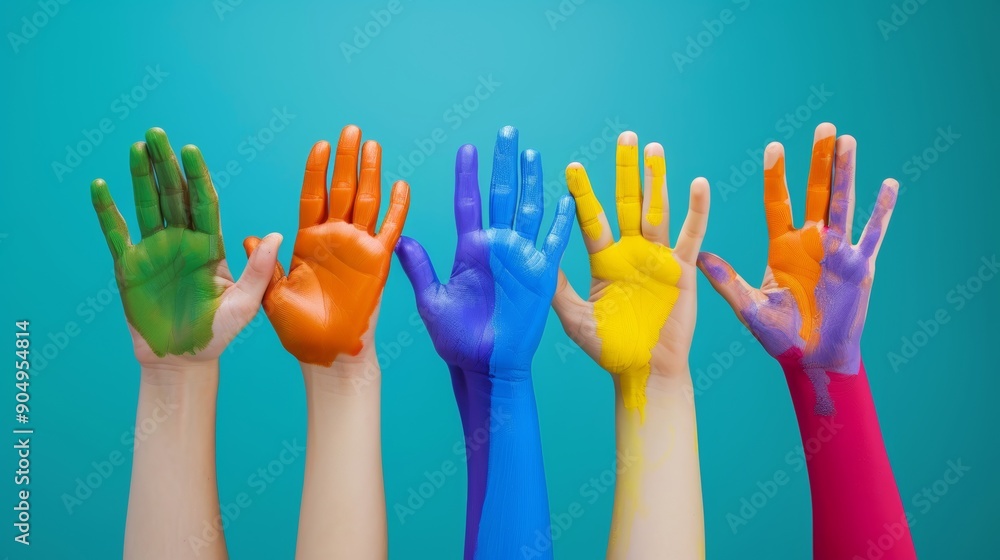 Five Hands Painted in Different Colors Raised Against Blue Background Five Hands Painted in Different Colors Raised Against Blue Background