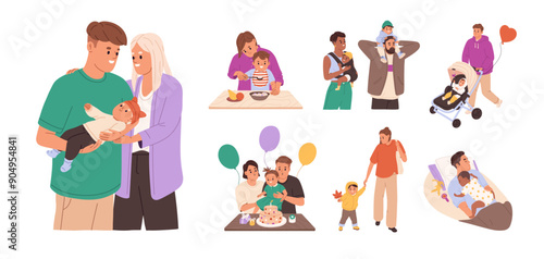 Happy families with little kids set. Young parents and children spend time together: walk, play, have fun, celebrate holiday. Mother and father love baby. Flat isolated vector illustrations on white