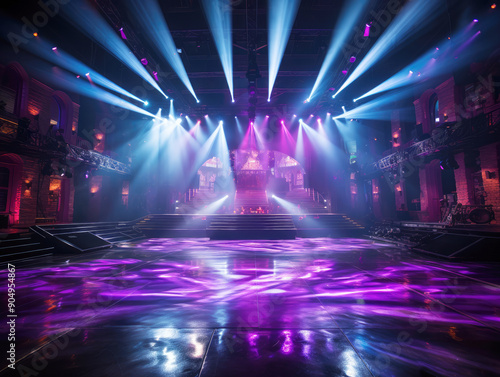 generated illustration of big stage with neon lights and light beams on the backdrop