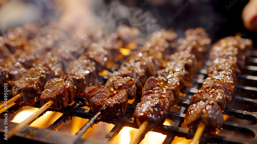 お祭りの屋台の牛串焼き お祭りの屋台の牛串焼き