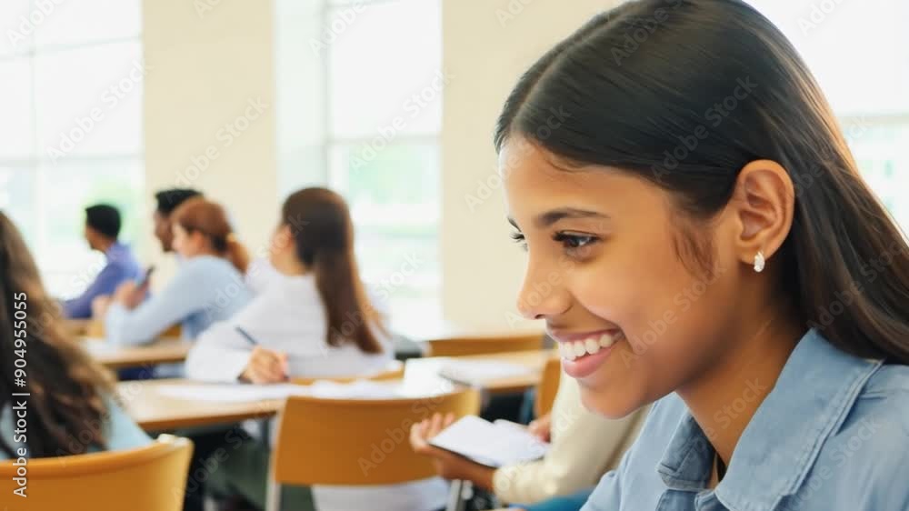 Happy female student attending class at university and looking at camera.. Happy female student attending class at university and looking at camera..
