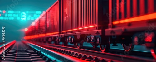 Cargo train, digital logistics control, holographic rail network, futuristic transportation