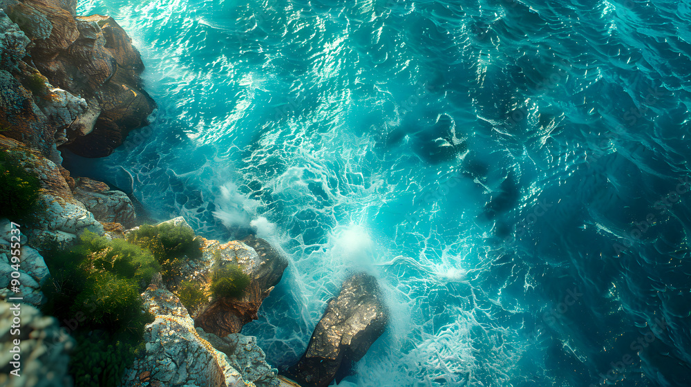 Fototapeta premium Aerial view of the ocean rocky shore.