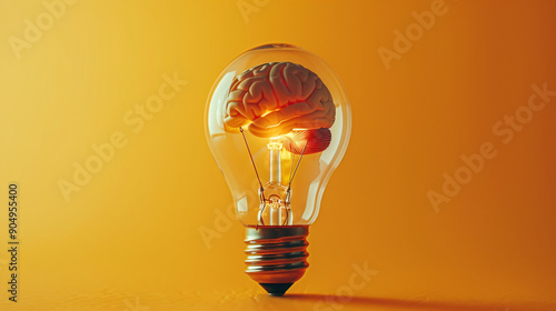 Lightbulb with brain inside symbolizing creativity and innovative thinking, isolated on yellow background photo