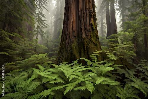 An ancient redwood forest with towering trees and a carpet of ferns, capturing the majesty of nature photo