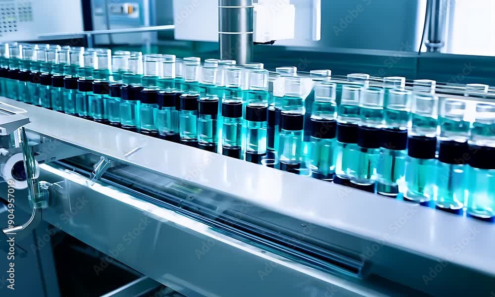 The assembly line displays numerous vials filled with a clear blue ...