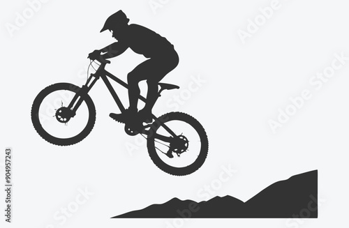 Epic Downhill Mountain Biker at the Jump - Met Black Silhouettes Vector