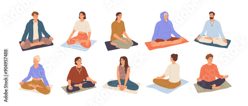 Yogis meditate set. Different people practice breathing, mental harmony, zen balance exercises. Men and women sit in yoga asanas, lotus pose. Flat isolated vector illustrations on white background
