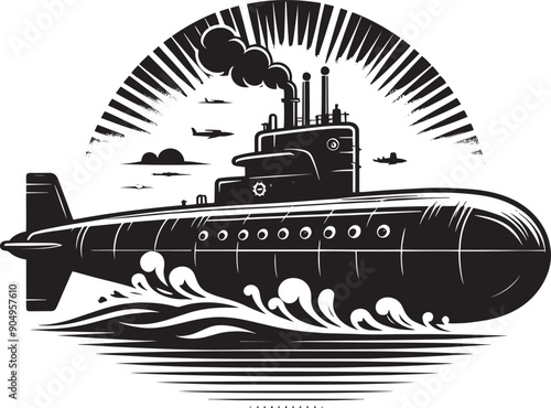 Nuclear submarine silhouette flat vector illustration isolated on a white background