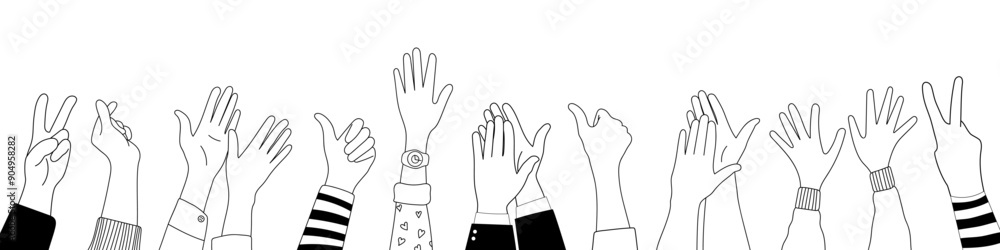 Doodle sketch hands up gestures comic icons silhouettes vector set. Group of line art fun comic hands in the air. Voting or happy congratulation audience recognition symbols. Doodle sketch hands up gestures comic icons silhouettes vector set. Group of line art fun comic hands in the air. Voting or happy congratulation audience recognition symbols.