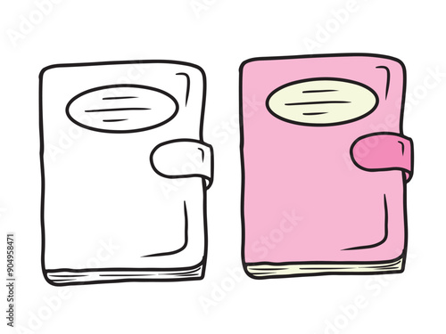 Beautiful closed pink girly diary notebook on white background. Hand drawn vector sketch illustration in doodle engraved vintage line art style. Coloring book, girly secrets, school supply