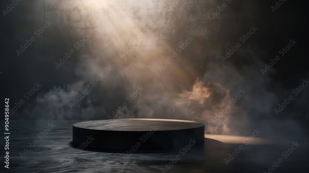 A dark circular product display with dramatic light beams and smoke, highlighting the showcase of a product