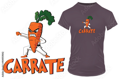 Funny angry carrot cartoon in karate costume performing martial arts with a quote carrate. Vector illustration for tshirt merch, website, clip art, poster and custom print on demand merchandise.