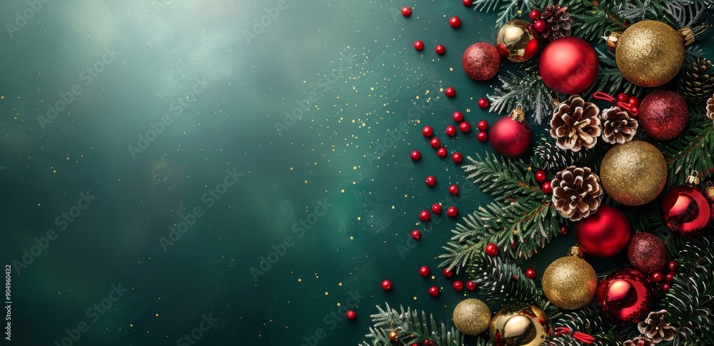 Christmas tree with golden and red ornaments on a teal background Christmas tree with golden and red ornaments on a teal background