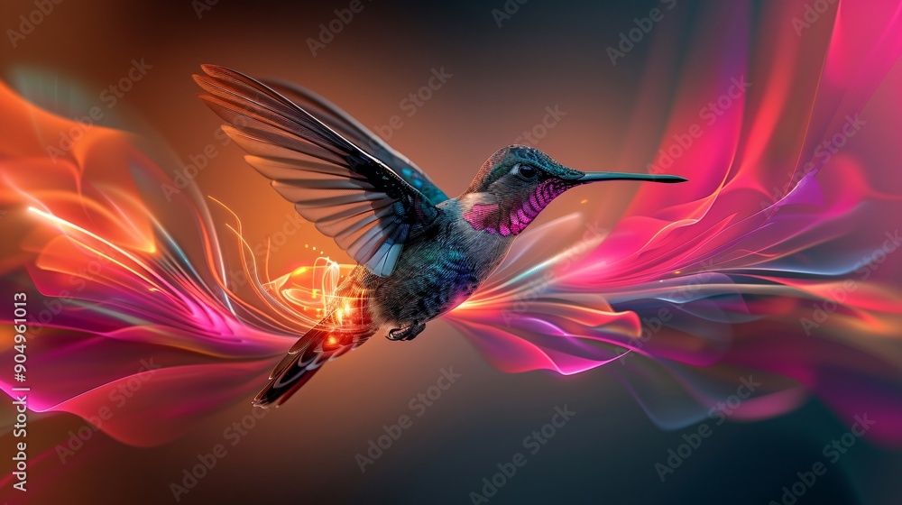 Obraz premium Hummingbird in Flight with Abstract Colorful Background