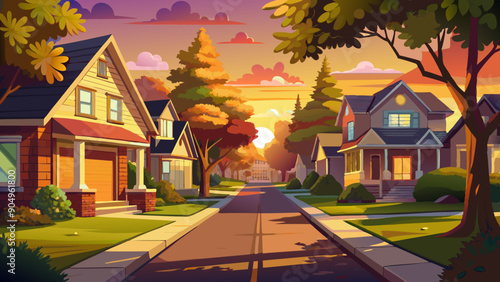 A tranquil suburban neighborhood street with a beautiful sunset casting a golden glow on the houses and trees, creating a serene and picturesque