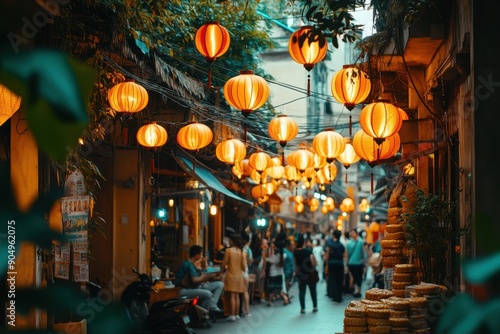 Obraz na płótnie Vibrant Lantern-Lit Street Market at Dusk Surrounded by Traditional Architecture in Hanoi w salonie