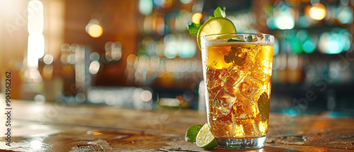 Golden Ginger Ale Beer Cocktail with Lime, Lemon and Mint in glaass on wooden table, with blurred bar background, copy space photo