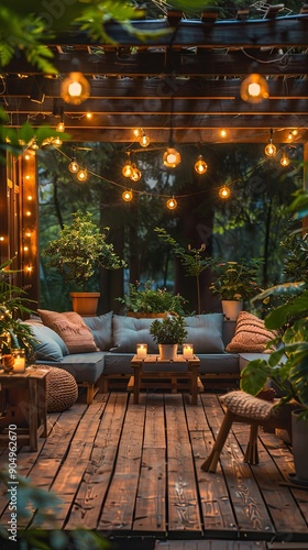 Outdoor patio with comfortable seating, potted plants, and soft lighting