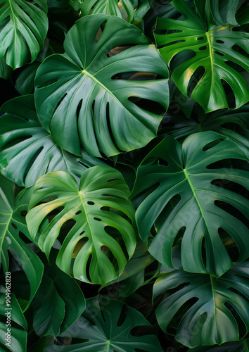 green monstera leaf as a wallpaper for plants as a background