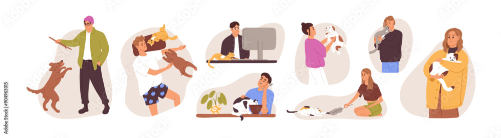 People with cute pets set. Happy owners and their domestic animals ...