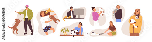 People with cute pets set. Happy owners and their domestic animals sleep, work, play, walk together. Men and women love, care about cats, dogs. Flat isolated vector illustrations on white background