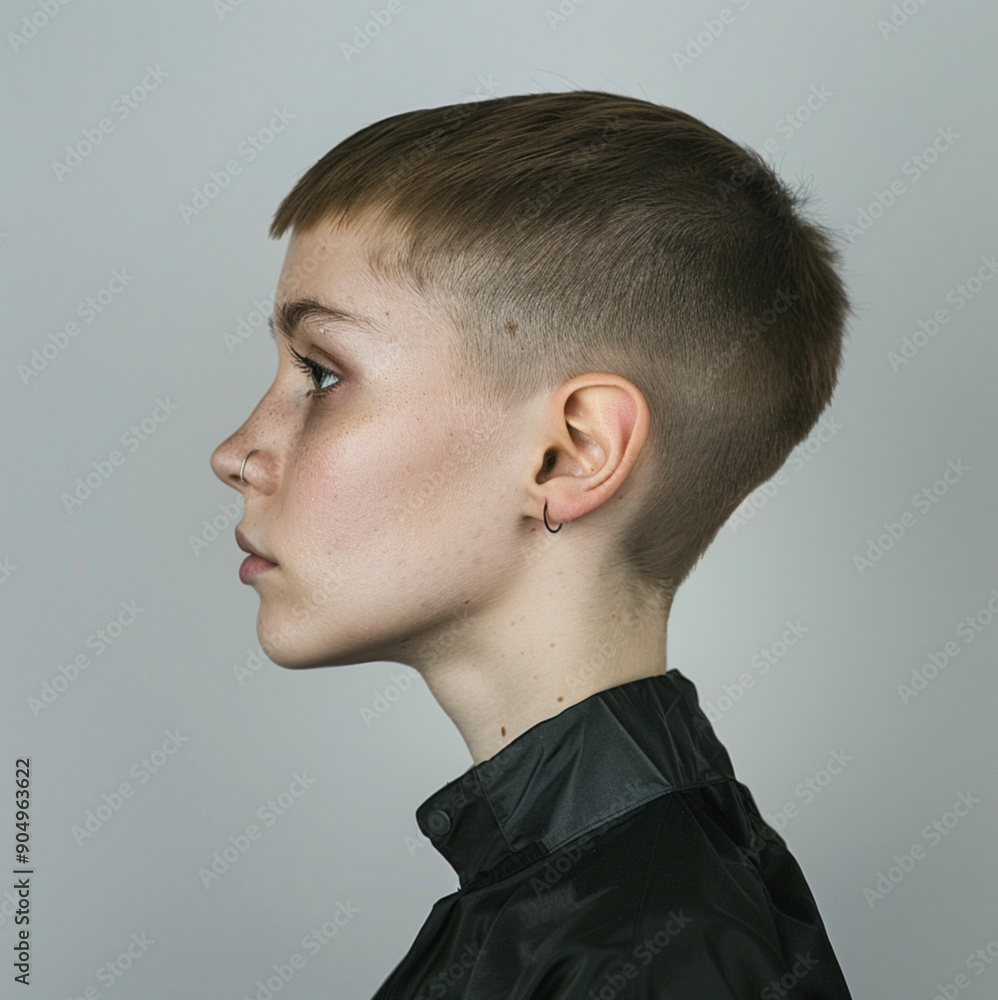 Fototapeta premium very short haired woman with angled neck, Side view of woman looking forward with very short hair, wearing black shirt