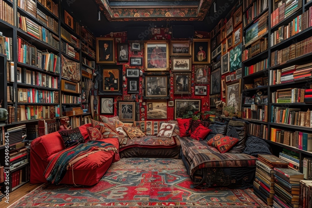 Maximalist living room overflowing with books and artwork. Maximalist living room overflowing with books and artwork.