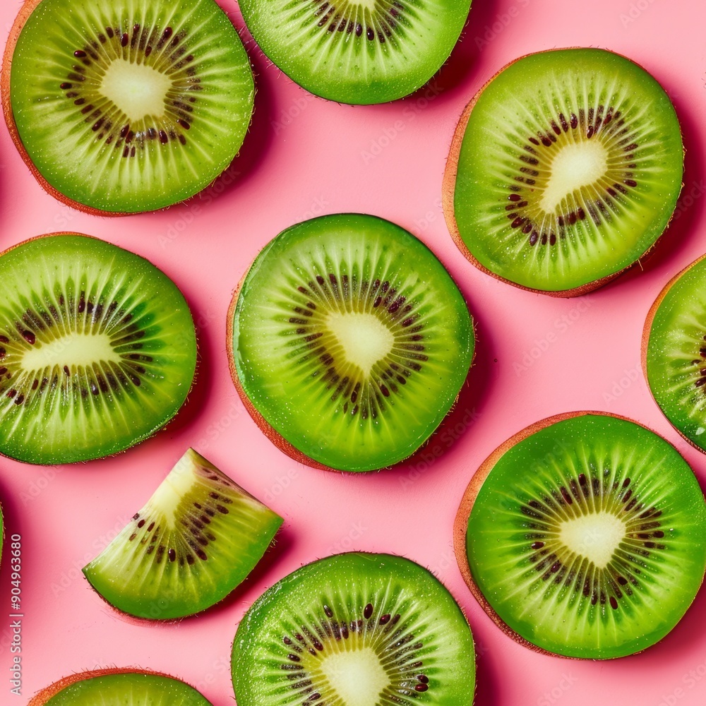 Fototapeta premium Kiwi slices and whole shot seamless pattern.