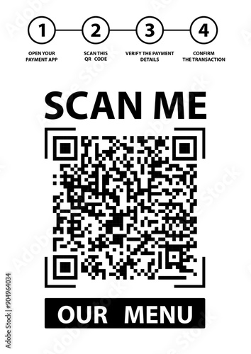 Scan me to watch menu, guide and instruction. Vector of information, code icon for mobile qr scan, illustration of manual user procedure, app restaurant identification menu scanner