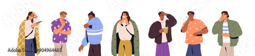 Sick people set. Unwell men, women with fever, cold. Unhealthy characters ill with symptoms of influenza, virus, flu, grippe. Sneeze, cough, running nose. Flat isolated vector illustrations on white