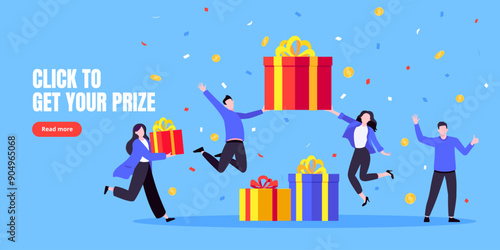 Get online incentive gift benefit reward and gifts, earn loyalty program points. Get loyalty card and customer service business concept flat design vector illustration. Tiny people with big gift boxes
