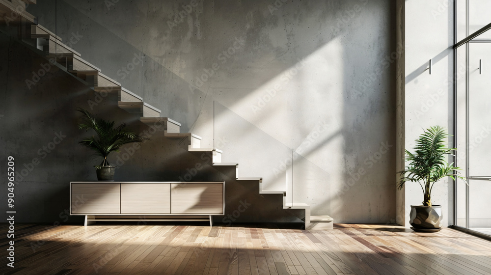 In this stylish and contemporary home interior, a sleek and contemporary staircase is illuminated by sunlight from a large window In this stylish and contemporary home interior, a sleek and contemporary staircase is illuminated by sunlight from a large window