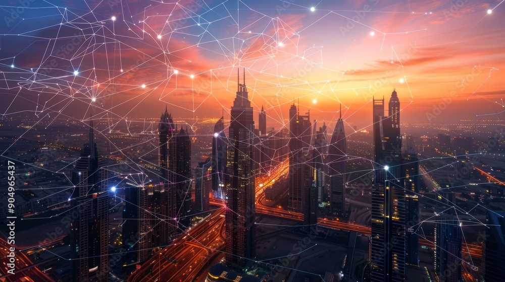 Fototapeta premium Futuristic urban connectivity cityscape at dawn with digital network integration