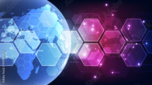 Abstract technology background with hexagons and world map. Vector illustration.
