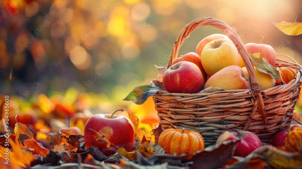 A woven basket sits in a fall orchard, filled with red and yellow apples. The basket is surrounded by fallen leaves, with a small pumpkin and an apple resting nearby. The sun shines through the trees, A woven basket sits in a fall orchard, filled with red and yellow apples. The basket is surrounded by fallen leaves, with a small pumpkin and an apple resting nearby. The sun shines through the trees,