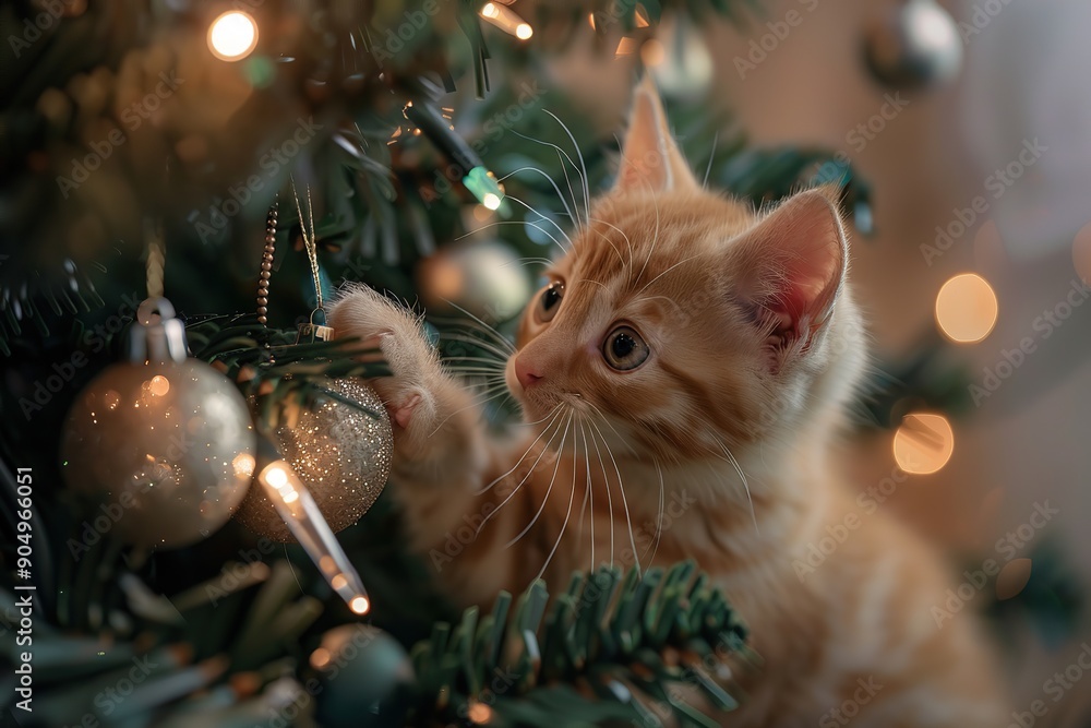 Obraz premium Little Curious Ginger Kitten Plays with Christmas Tree Red Balls. Small Kitty Climbing Fir Tree Festive Decoration. New Year Celebration. Funny Situation with Pets. Domestic Animals During Holidays