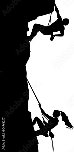 Rock climbers silhouette extreme sport with partner, vector climber extreme, sport rock and adventure, climb to mountain silhouette, man and mountaineer, physical support camaraderie illustration