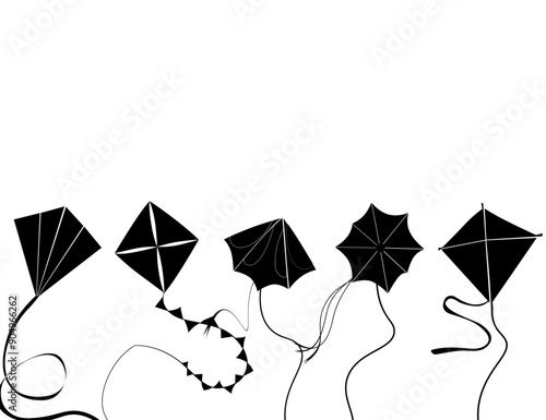 Black silhouette of flying kites banner, vector of fun play flyer toy, banner with glide, activity game summer, childhood joy, vector illustration