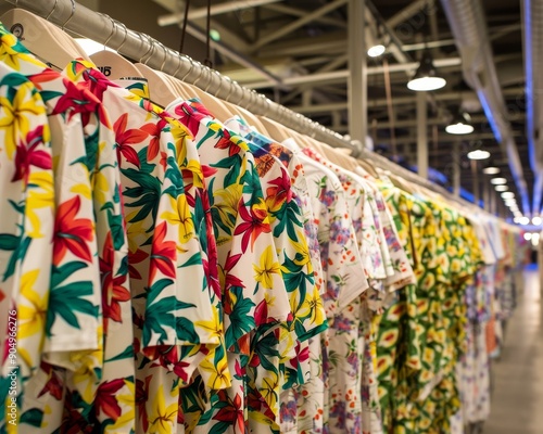 Vibrant hawaiian shirts displayed in store  shot with 35mm lens at f 2.0, 8s shutter speed, iso400 photo